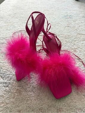 Mango Fuchsia Feather Lace-Up Heeled Sandals